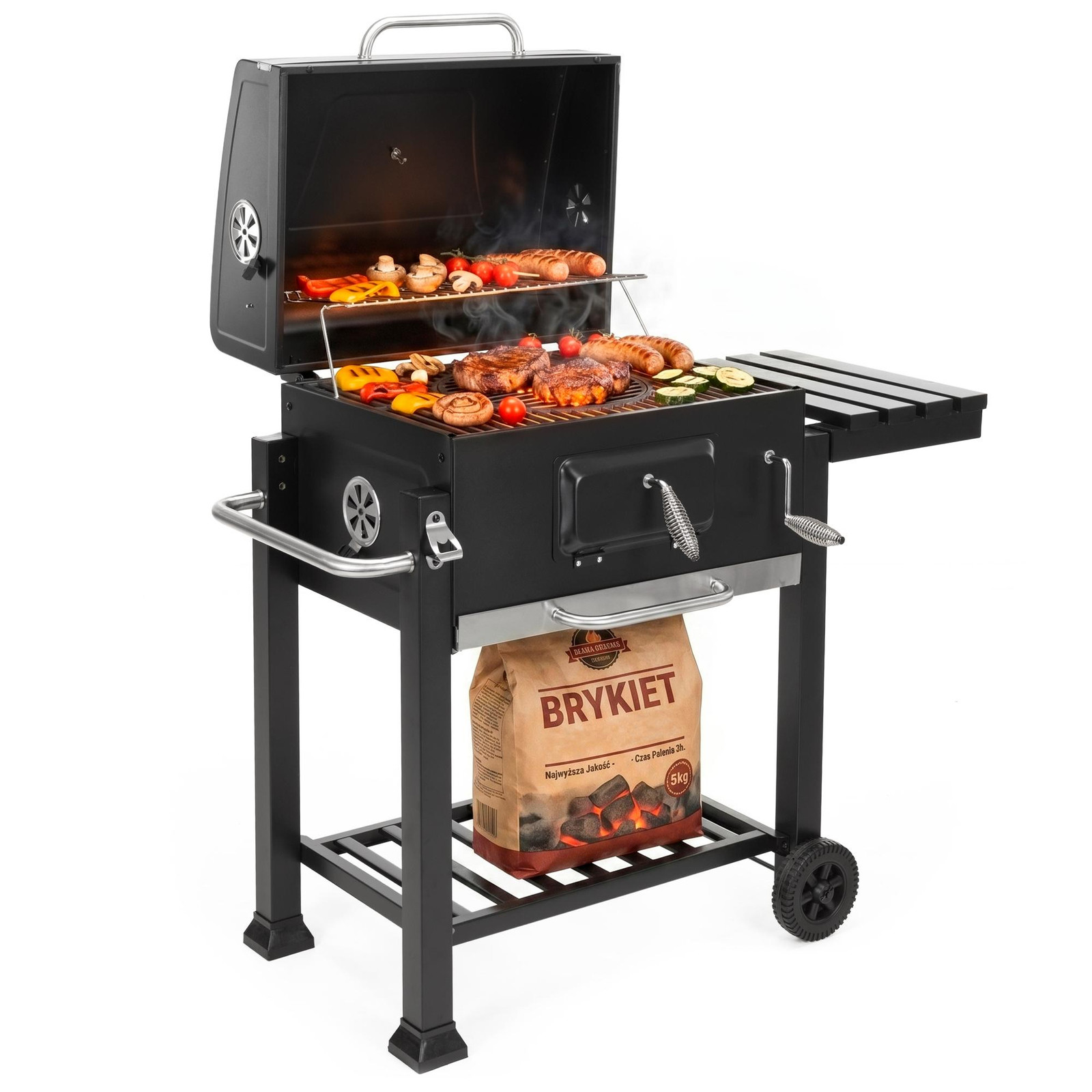 Springos Houtskoolbarbecue met wielen en thermometer in zwart met RVS en kunststof onderdelen