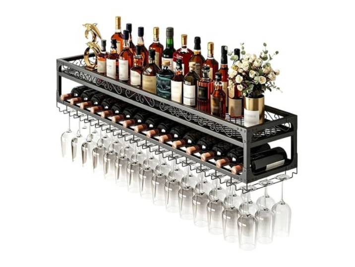 Hängendes Weinglasregal unter dem Schrank Stielglasregal Weinflaschenhalter Weinregal, 2-stufiges Weinlagerregal für Zuhause, Bar, Küche, Wohnzimmer(100x30cm)