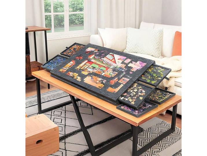 Planche à puzzle inclinable, support de rangement 2-en-1 pour puzzles de 1000 pièces, épaissi, portable avec 6 tiroirs, pliable, pour organiser les puzzles