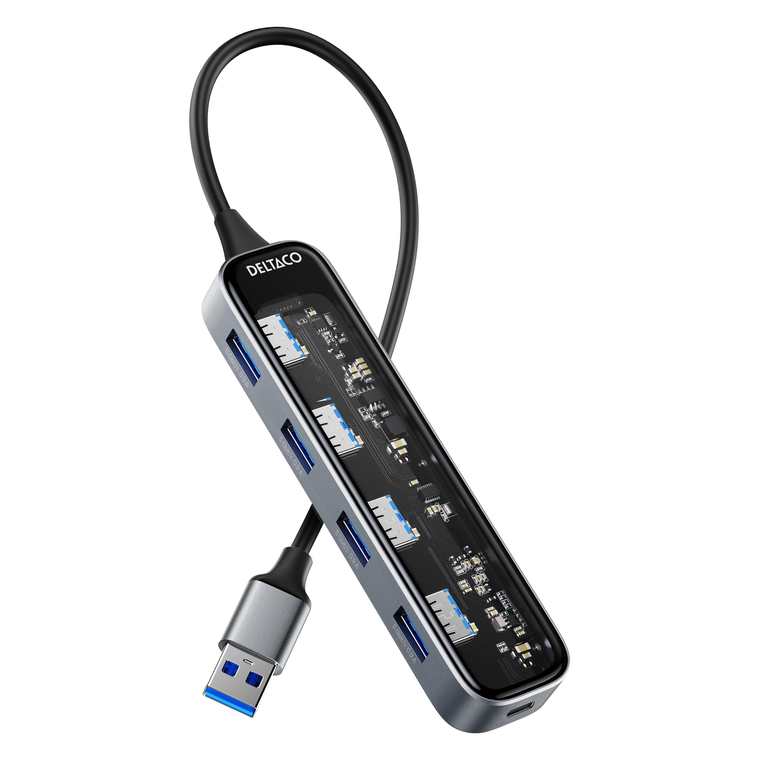 Deltaco USB-A-Hub mit 4x USB 5 Gbit/s transparent (USB-C, 4 Ports) (UH-736)