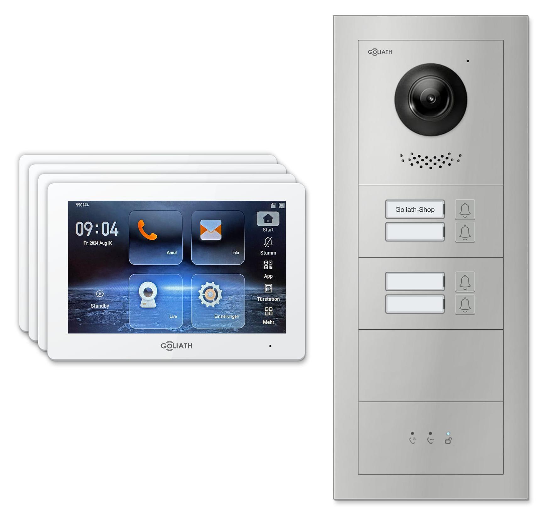 Goliath Premium IP GL-IPH445.1 Video-Türsprechanlage, 4 Familien, 4× 7 Zoll Weiß, Silber, Aufputz