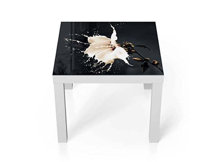 DEQORI Glastisch weiß klein 55x55 cm Motiv Milchige Blüte ausgefallener Beistelltisch aus Glas Hochglanz Couchtisch fürs Wohnzimmer moderner Couch Tisch mit Design