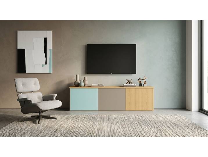 30 cm tiefes Sideboard mit bunten Türen Echtholz Furnier Eiche geölt