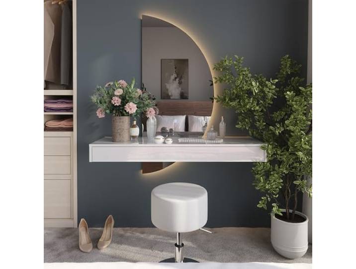 Vicco Schminktisch Sherry, Weiß Hochglanz 120 cm Schminkkonsole · LED-Spiegel, rechts ausgerichtet · Hocker · Wandhängend · Schwebendes Design