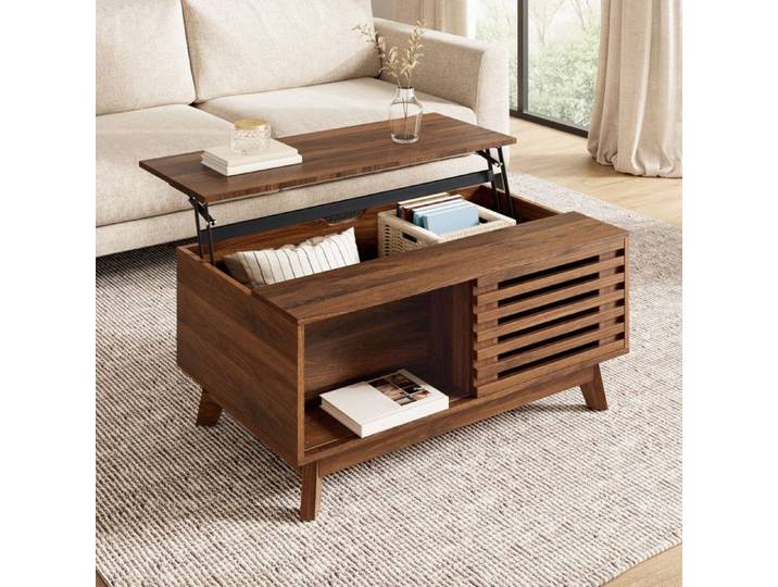 Table basse relevable - Table d'appoint - Design rétro avec porte coulissante persienne - Plateau ajustable et coffre de rangement