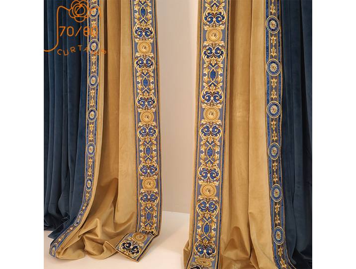Rideaux brodés en velours bleu avec pierres précieuses rétro américaines, pour salon, chambre à coucher, fenêtre française, Villa finie personnalisée