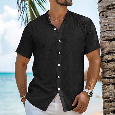 Herren Hemd Leinenhemd Sommerhemd Strandbekleidung Stehkragenhemd Knopfhemd Einfach Urlaub Kreuzfahrt Schwarz Weiß Blau Orange Kurzarm Stehkragen Sommer Bekleidung
