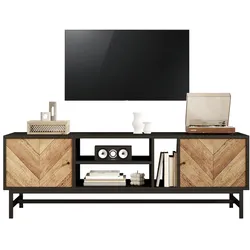 OKWISH TV-Schrank 150x38x55 cm Schwarz Holzoptik mit Regalfächern, Schränken und stabilen Metallbeinen modernes Wohnzimmermöbel