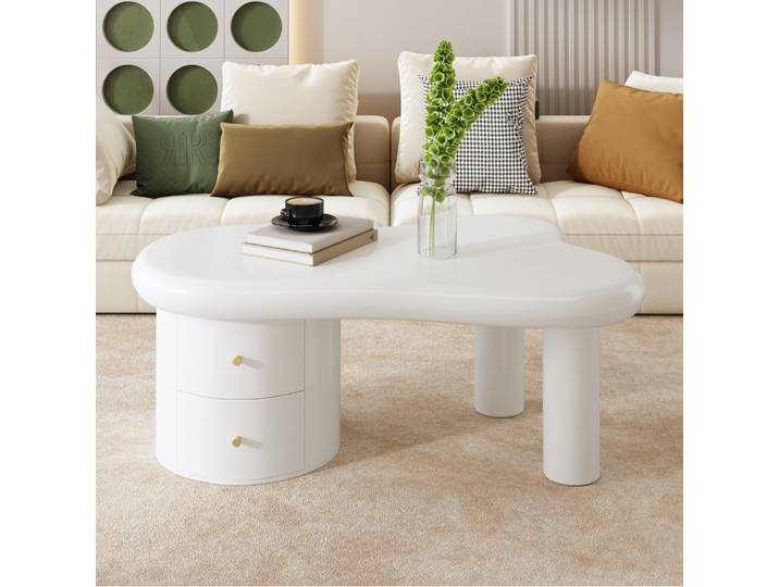 Table basse moderne PINGGO blanche avec 2 tiroirs, forme irrégulière, gain de place, meubles de salon