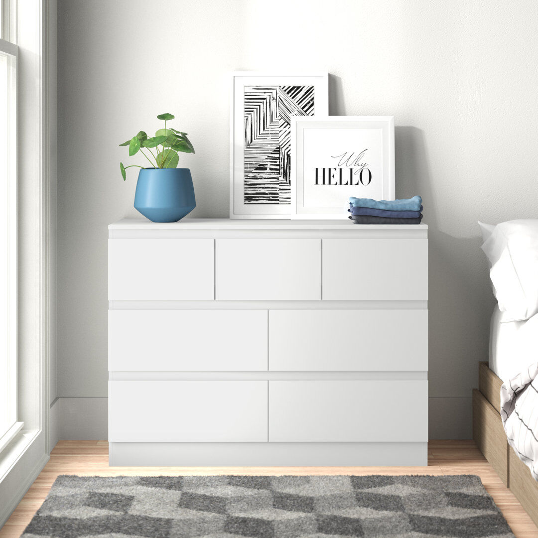 Zipcode Design Carlton 7 Drawer Merchant Chest Of Drawers: 4 + 3 Configuration. Matt Finish. Scratch Resistant. Modern No Handle Design. Matt White 80cm H X 106cm W X 40cm D