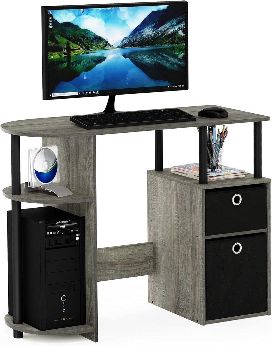 Compact Computer Studeerbureau met Opbergvakken - Frans Eiken en Zwart