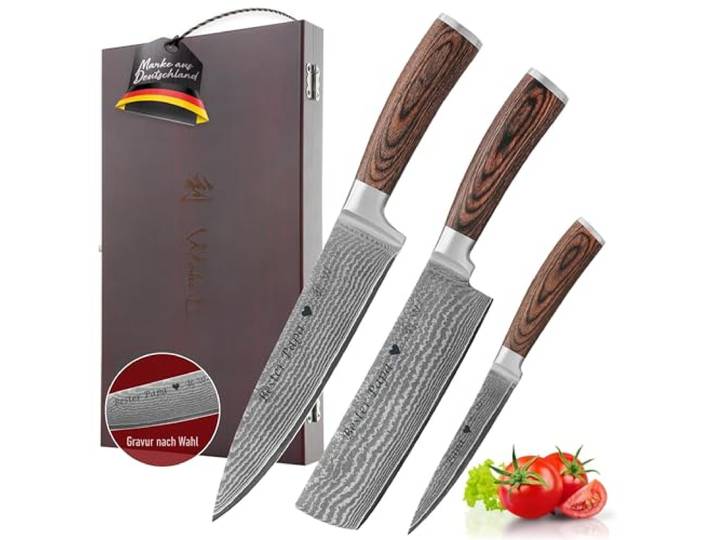 Wakoli EDIB 3er Damastmesser Set mit Gravur – Personalisiertes Messer-Set, Chefmesser, Nakiri & Allzweckmesser (20/17,5/12,5 cm), 67 Lagen Damaststahl (VG10-Kern), Pakkaholzgriff, Holzbox