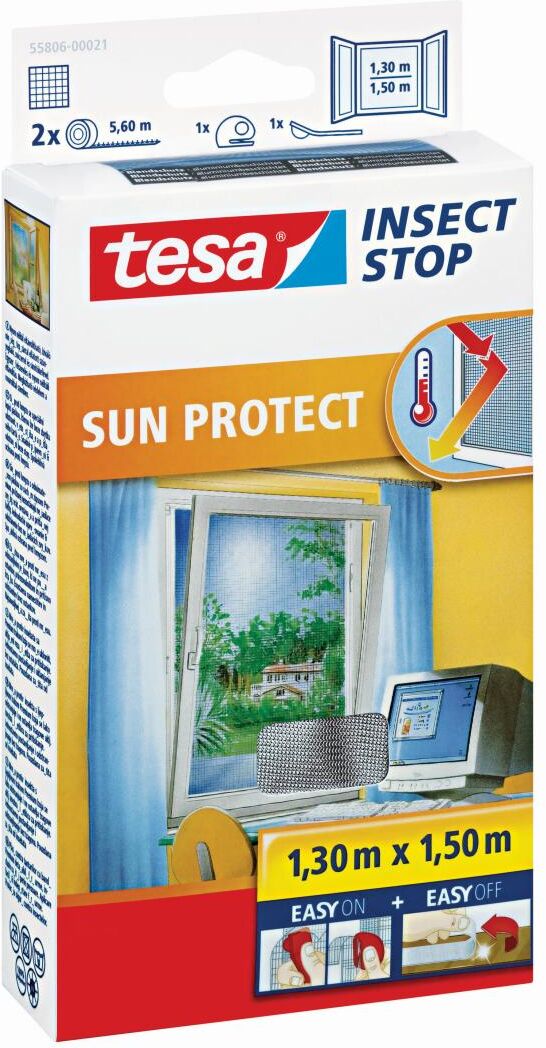 tesa INSECT STOP SUN PROTECT Fliegengitter mit Klettband für Fenster, mit Sonnenschutz, anthrazit, 1,3 x 1,5 m