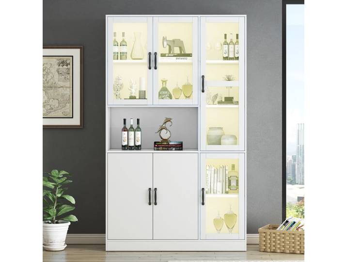 Bibliothèque vitrée avec éclairage LED 120x40x200 cm 9 compartiments portes vitrées alimentation USB salon et bureau MDF Blanc