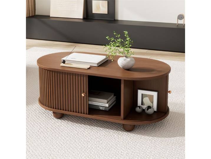 Table basse ovale avec porte coulissante table basse avec rangement pour salon table basse vintage couleur noyer 100×50×40 cm