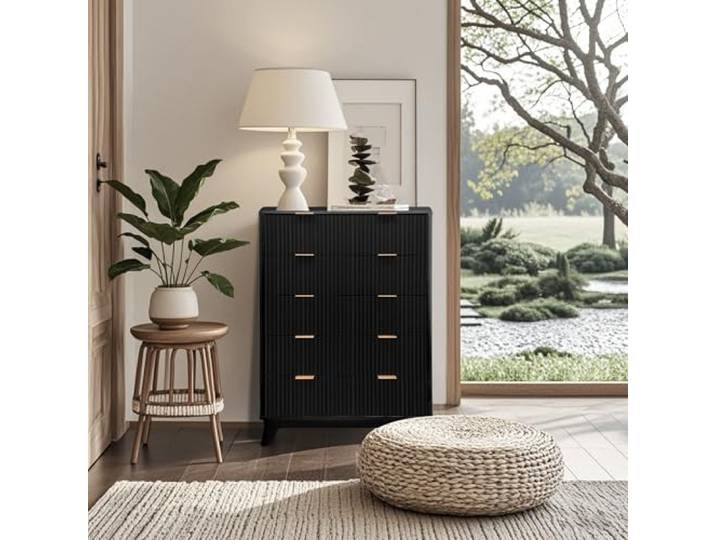 GarveeHome Kommode mit 5 Schubladen, Schubladenkommode aus MDF mit Wellenmuster, Aufbewahrungsschrank in Schwarz für Wohnzimmer, Schlafzimmer & Flur