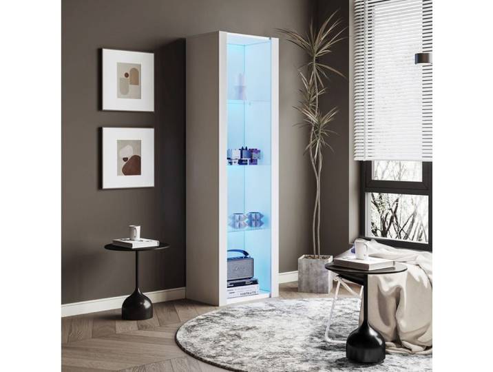 Vitrine Blanche Brillante avec LED 3 Étagères en Verre Meuble Colonne de Rangement pour Salon 55×38×166 cm