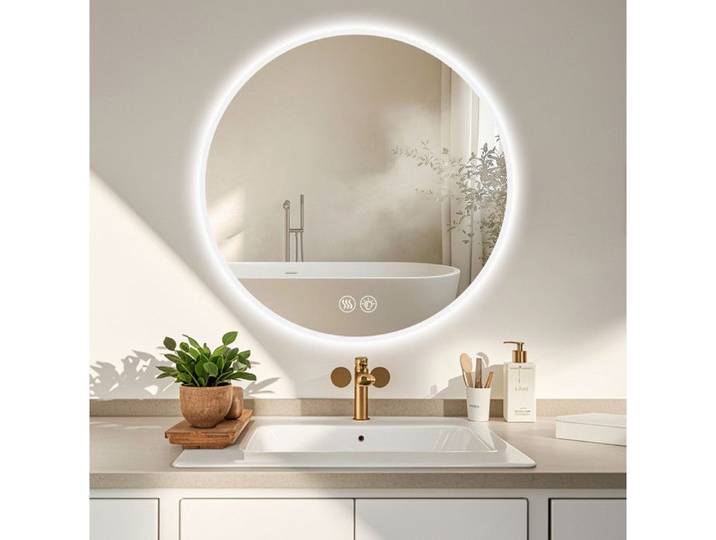 ELVORIN Miroir LED rond 70 cm anti-buée 3 températures dimmable mural argent