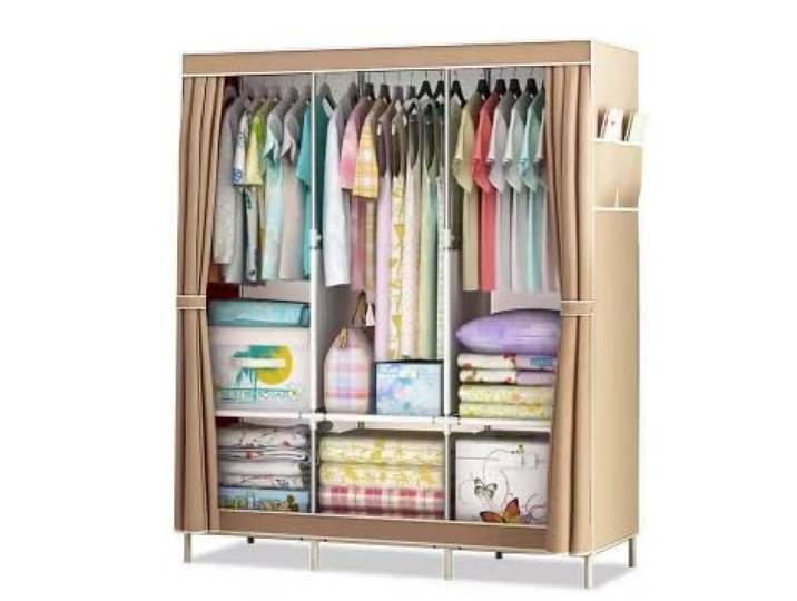 Tragbarer Canvas-Kleiderschrank Mit 3 Kleiderstangen Und Seitentaschen Kleiderschrank-Aufbewahrungsorganisator(D)