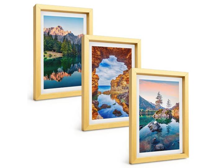 BILDER SET 3er Set - 20x30 cm Goldrahmen - Spiegelungen der Felsen in Bergseen