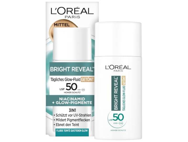 L'Oréal Tägliches Getöntes UV Glow-Fluid LSF 50, Niacinamid + Glow-Pigmente, Farbe: Mittel, Bright Reveal, 1 x 50 ml