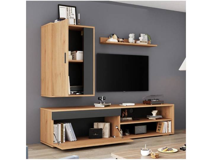 Ensemble meuble TV mural avec 1 Meuble TV 1 Meuble Mural et 1 Étagère - HAVRYA - Panneau de Particules - Chêne et Noir