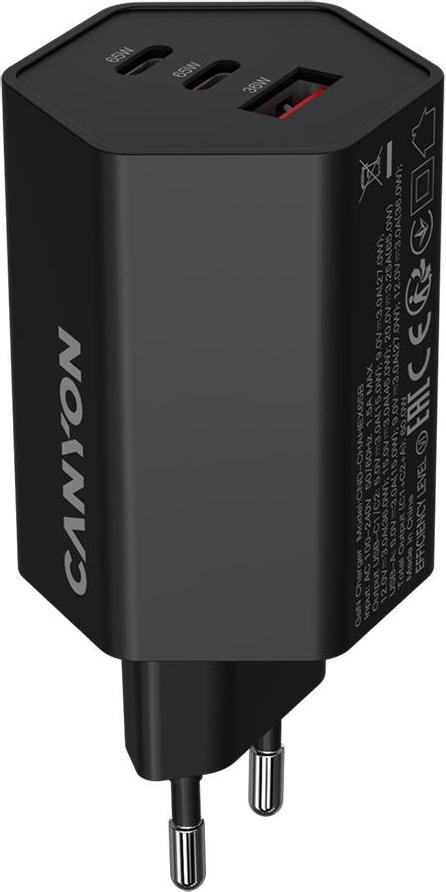 Canyon Charger HEXAGON 65 GaN Oplader 65W 2xPD 1xQC EU Zwart