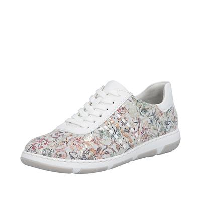 Sneaker RIEKER, Damen, Gr. 38, bunt (weiß multi), Glattleder, Synthetik, Schuhe Sneaker, Schnürschuh, Halbschuh, Freizeitsneaker mit floraler Musterung