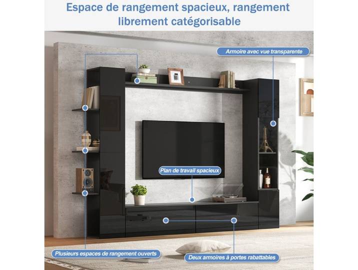 WOVREO Meuble TV mural complet 245 x 30 x 170 cm avec rangements MDF noir brillant