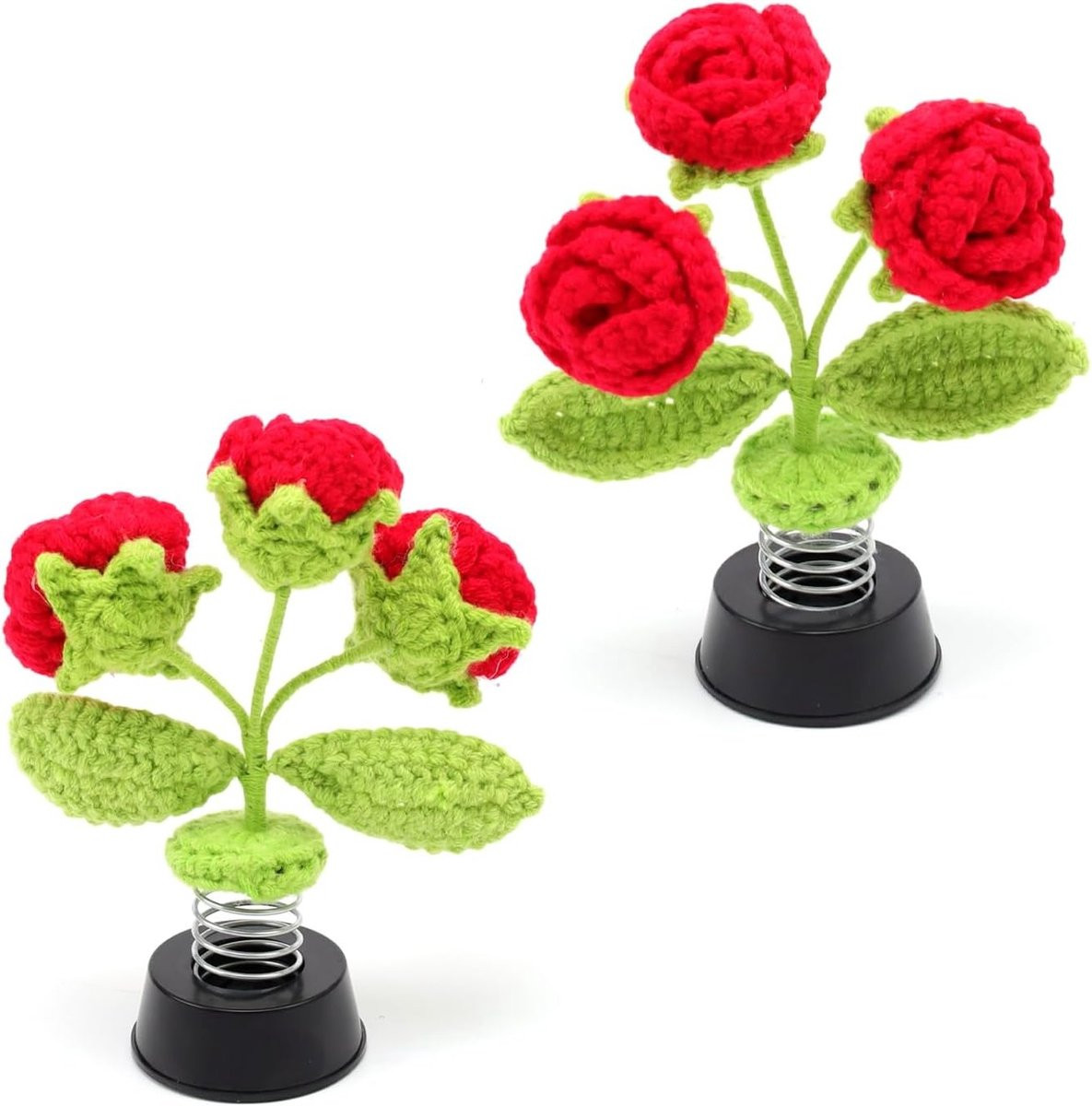 Handgehaakt Wobble Figure met Rode Rozen, Zonne-energie Decoratie voor Auto, Kantoor of Thuis, 14.5 x 9 cm