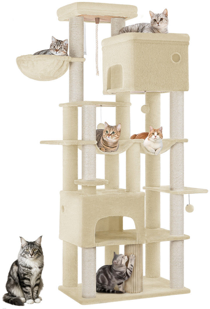 Happy Larry 185 cm Large Cat Tree, XL Heavy Tall Cat Tower for Maine Coon, Multi-level Cats Climbing Tower with 2 Condos and 10 Sisal, 2 Hammocks Beige 185cm H X 68cm W X 45cm D