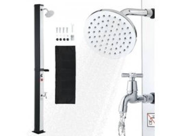 VEVOR Solardusche 35 L, Gartendusche 2160 mm, Außendusche mit Fußarmatur & Seifenablage, Warm- & Kaltwasserregulierung, max. 60°C, Campingdusche für Garten, Poolbereich, Strandpool, Schwarz/Silber