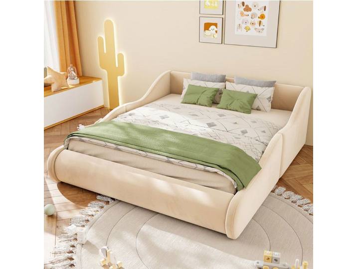 WUVRIE Lit enfant rembourré 140 x 200 cm tête de lit haute barrières de sécurité beige