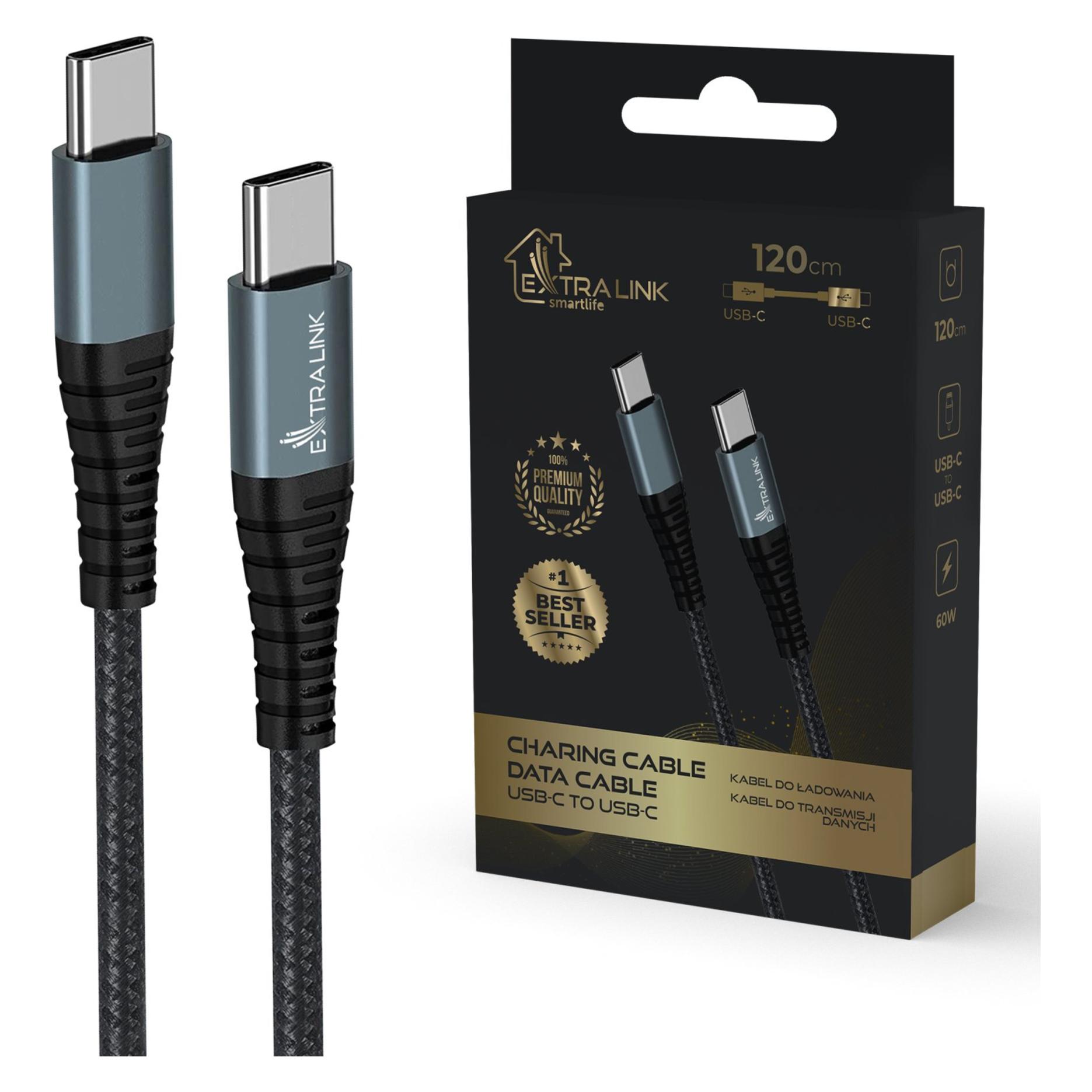 Extralink Smart Life USB Type-C zu Type-C Schwarz | USB-C zu USB-C Kabel | 120 cm (1.20 m, USB 2.0, 15 W) (CABESL07)