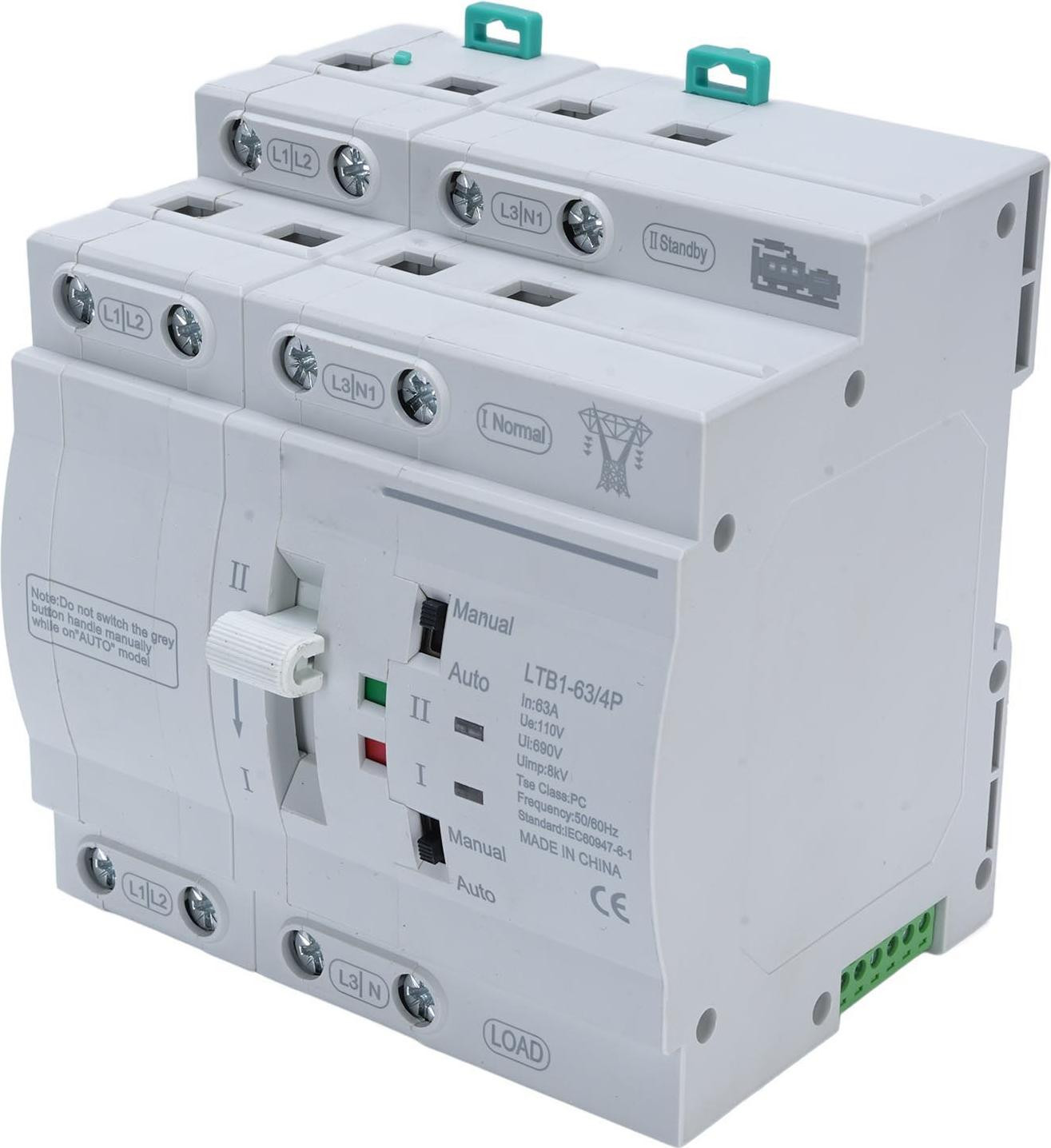 Gistuch Mini-ATS Automatische transferschakelaar met dubbele vermogensvoorziening, 4-polig, 63A, voor montage op DIN-rail