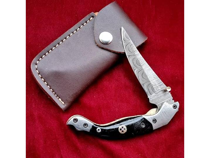 CRAFTOMATIK Damast Stahl Taschenmesser Klappmesser Büffel Horn, Damast Stahl, Mosaik Stift Griff Handgefertigt Outdoor Damastmesser Camping Messer FK29