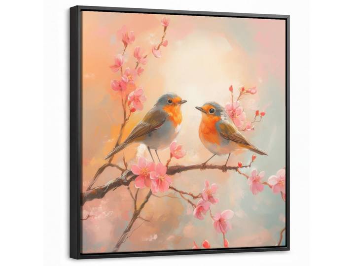 MuchoWow Leinwand Bilder mit Rahmen - Rotkehlchen - Zierpflanze - Blütenzweig - 50x50, Hellrosa, Quadratisch, 50x50 cm, gerahmt, Bilder & Rahmen, Bilder, Leinwandbilder