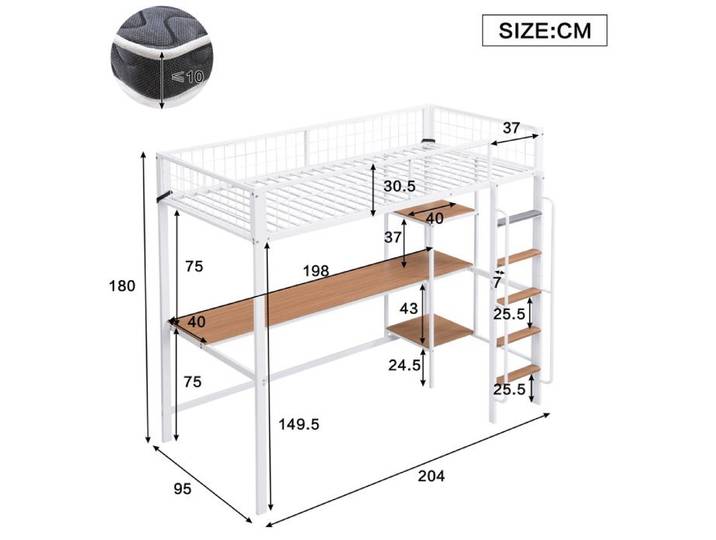 MEULVA Lit mezzanine 90 x 200 cm avec bureau et étagères blanc et naturel
