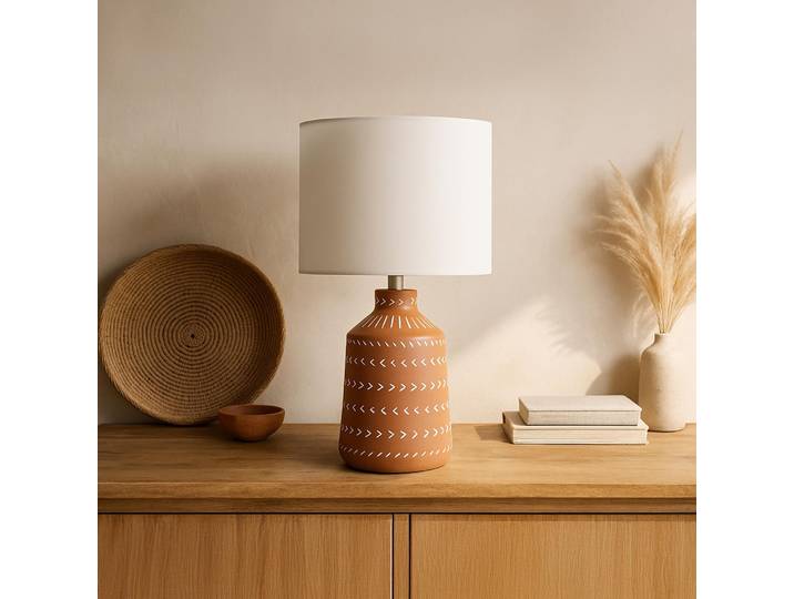 Lampe artisanale en céramique terracotta – motif ethnique peint à la main - Zahara
