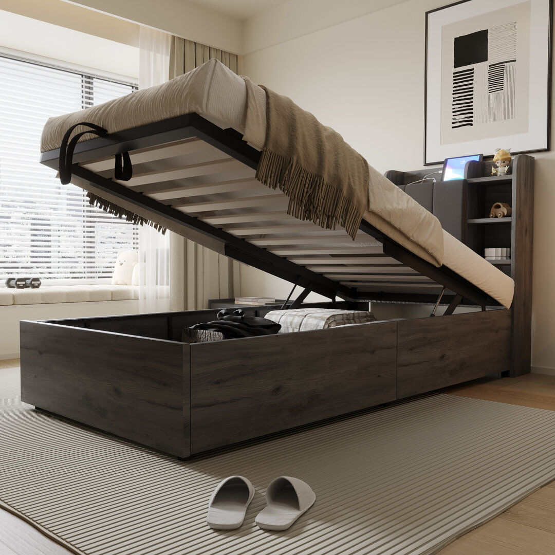 August Grove Hydraulic Storage Bed Grey European Single (90 x 200 cm)