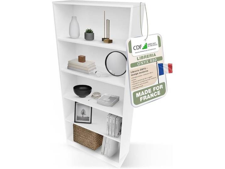 CDF Bibliothèque Colonne 80x182x30 cm Panneaux laminés Blanc Rangement bureau et salon