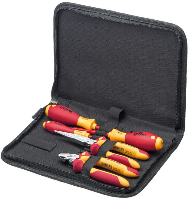 Wiha Jeu d'outils électricien Tournevis, pince demi-ronde, pince coupante diagonale, 5 pcs dans une trousse (26755) (26755)