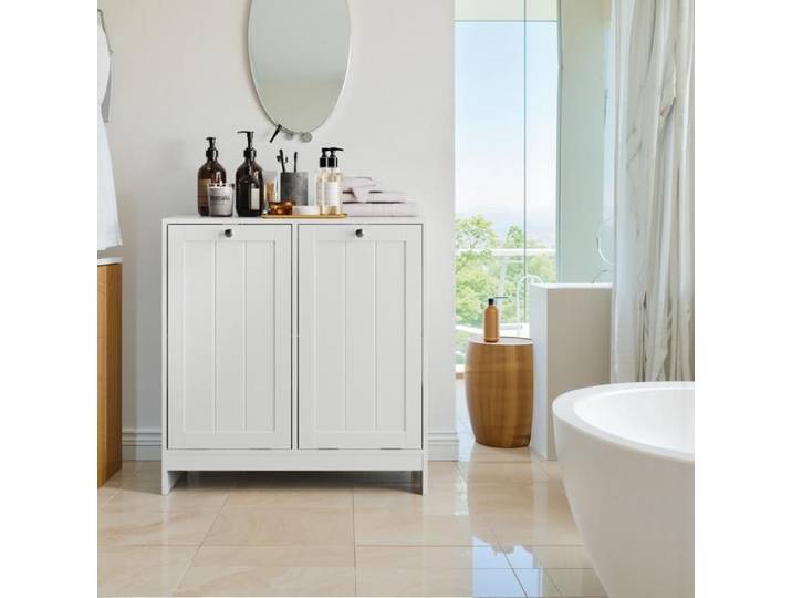 Meuble à linge - ZEVKOR - Basculant - 2 corbeilles amovibles - MDF laqué blanc - 66x33x68 cm
