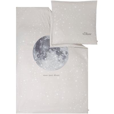 Kinderbettwäsche S.OLIVER "Satinbettwäsche s.Oliver Junior Mond", beige (natur, grau), B/L: 135cm x 200cm, 1 Stk., 1 Stk., Mako-Satin, B/L: 80cm x 80cm, 2 Stk., Mako-Satin, Obermaterial: 100% Baumwolle, Bettwäsche, mit Sternenhimmel und Mond