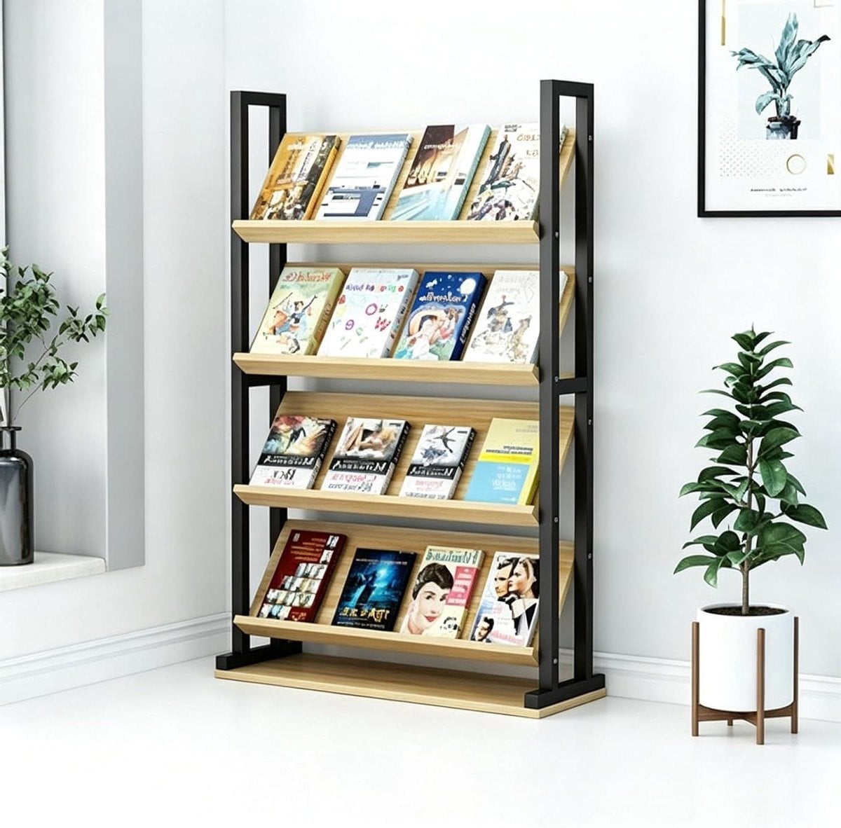 Zwarte Brochuredisplay Standaard - Staand Magazijnrek voor Documenten - B/D/H: 100 x 30 x 120 cm
