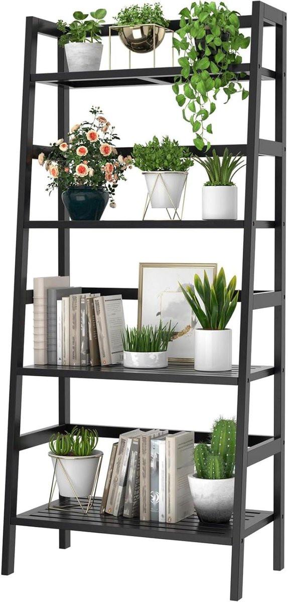 Zwarte ladder boekenkast met vier niveaus, Hoogte: 125 cm
