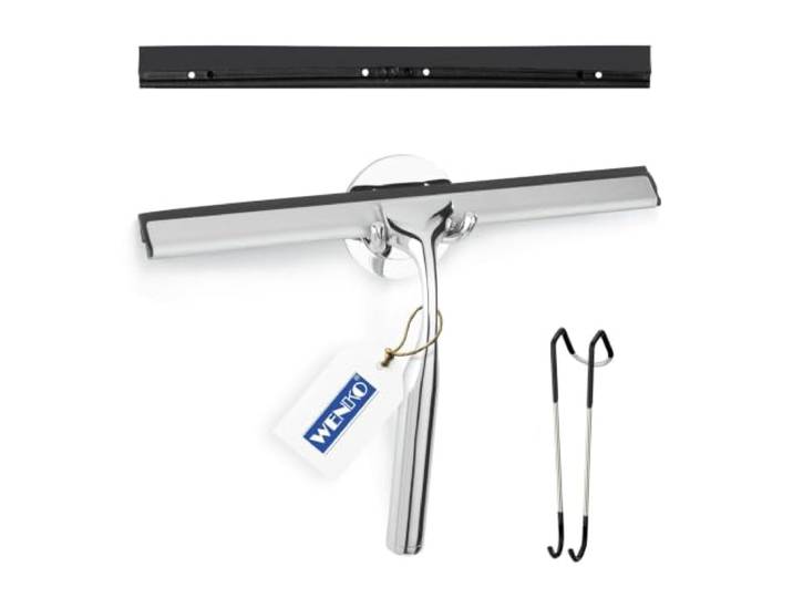 WENKO Raclette de Douche Terni Plus\, raclette Salle de Bain avec Support Mural\, Fixation sans perçage adhésive Turbo Loc\, Surfaces murales\, Zinc - Double Lame Caoutchouc\, 24\,5x16\,5 cm\, Brillant