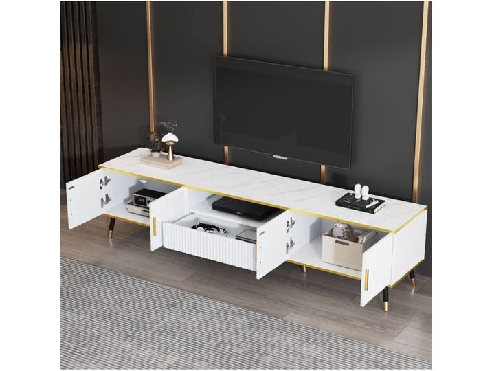 Meuble TV 200x40x46 cm pour TV jusqu'à 90 pouces portes + tiroir gestion câbles panneau rainuré blanc