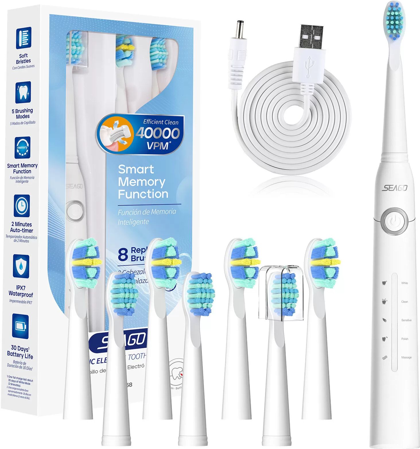 INF Brosse à dents électrique sonique avec 5 modes de nettoyage Blanc