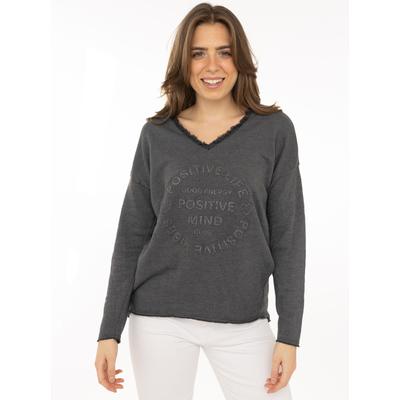 Zwillingsherz "Positive Mind", ausgefranster V-Ausschnitt, Used Look, Langarm, Schriftzug